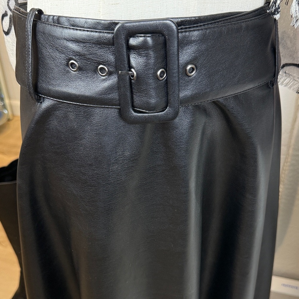 ZARA Black Belted Faux Leather A-Line Midi Skirt XL - Picture 4 of 10